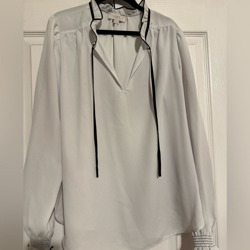 LOFT White Blouse with Black Trim